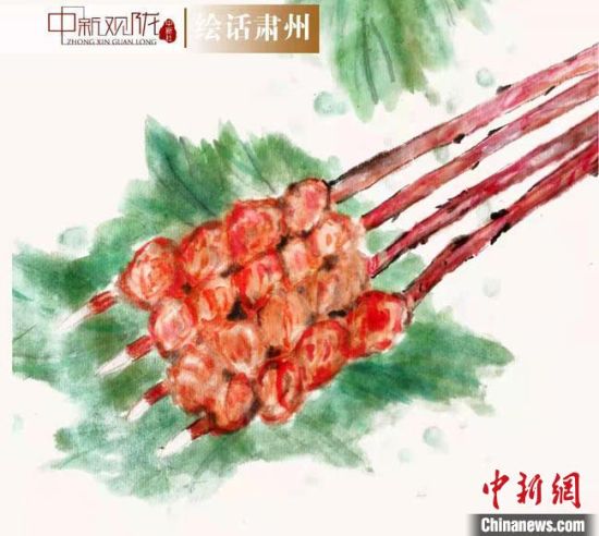 圖為酒泉美食“紅柳烤肉”繪畫作品?！《排d彥 攝