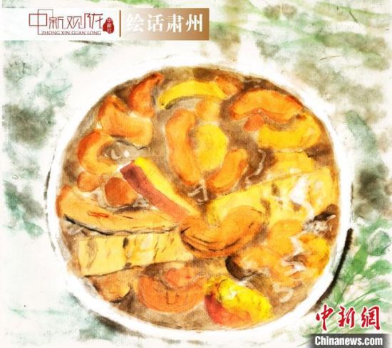 圖為酒泉美食“糊鍋”繪畫作品?！《排d彥 攝